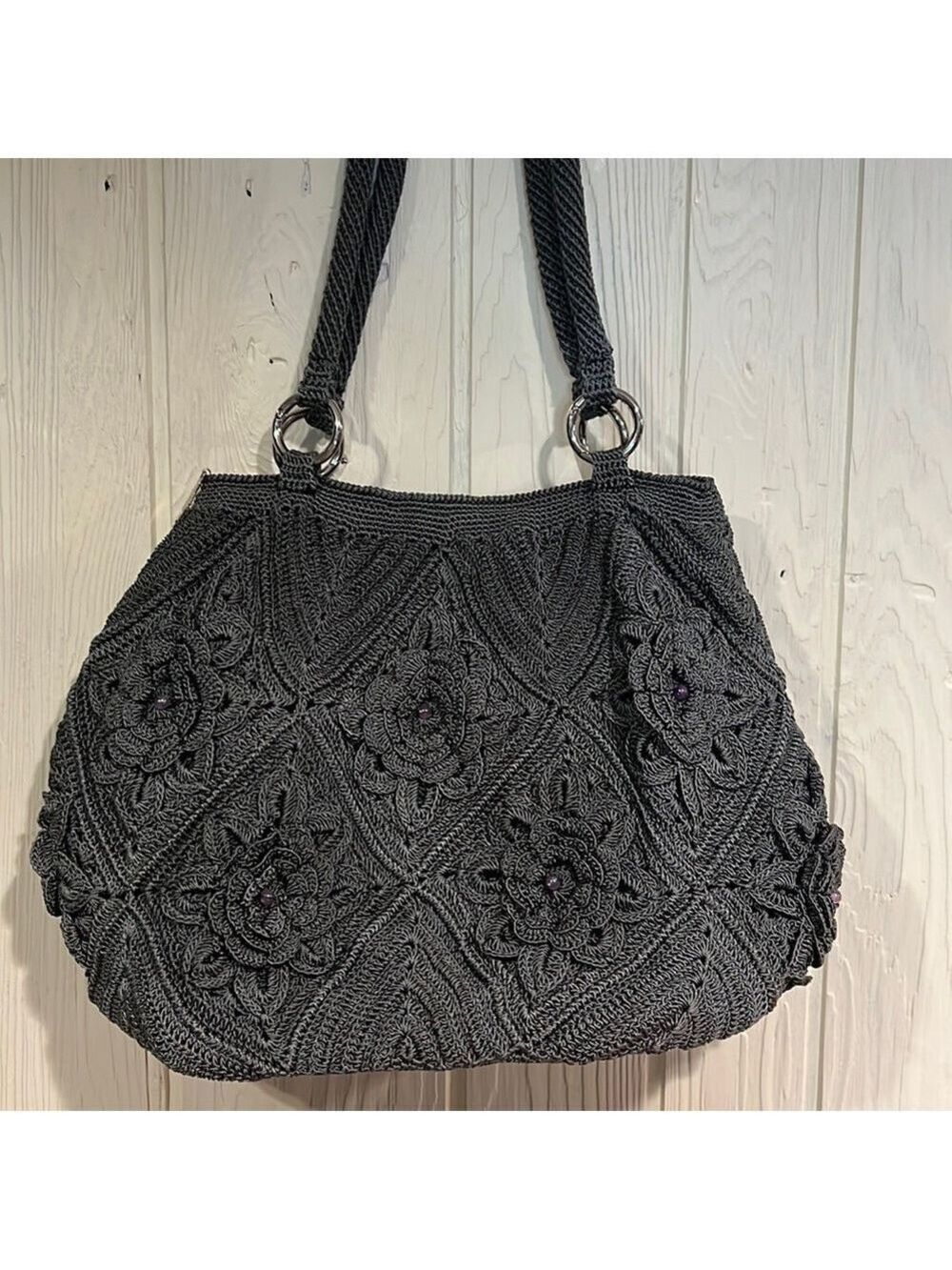 Gray Crochet Hobo Bag with Flowers and Beads